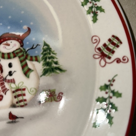 Christmas Snowman Themed Stoneware Individual Plate Red Band Holly EUC - Picture 5 of 8